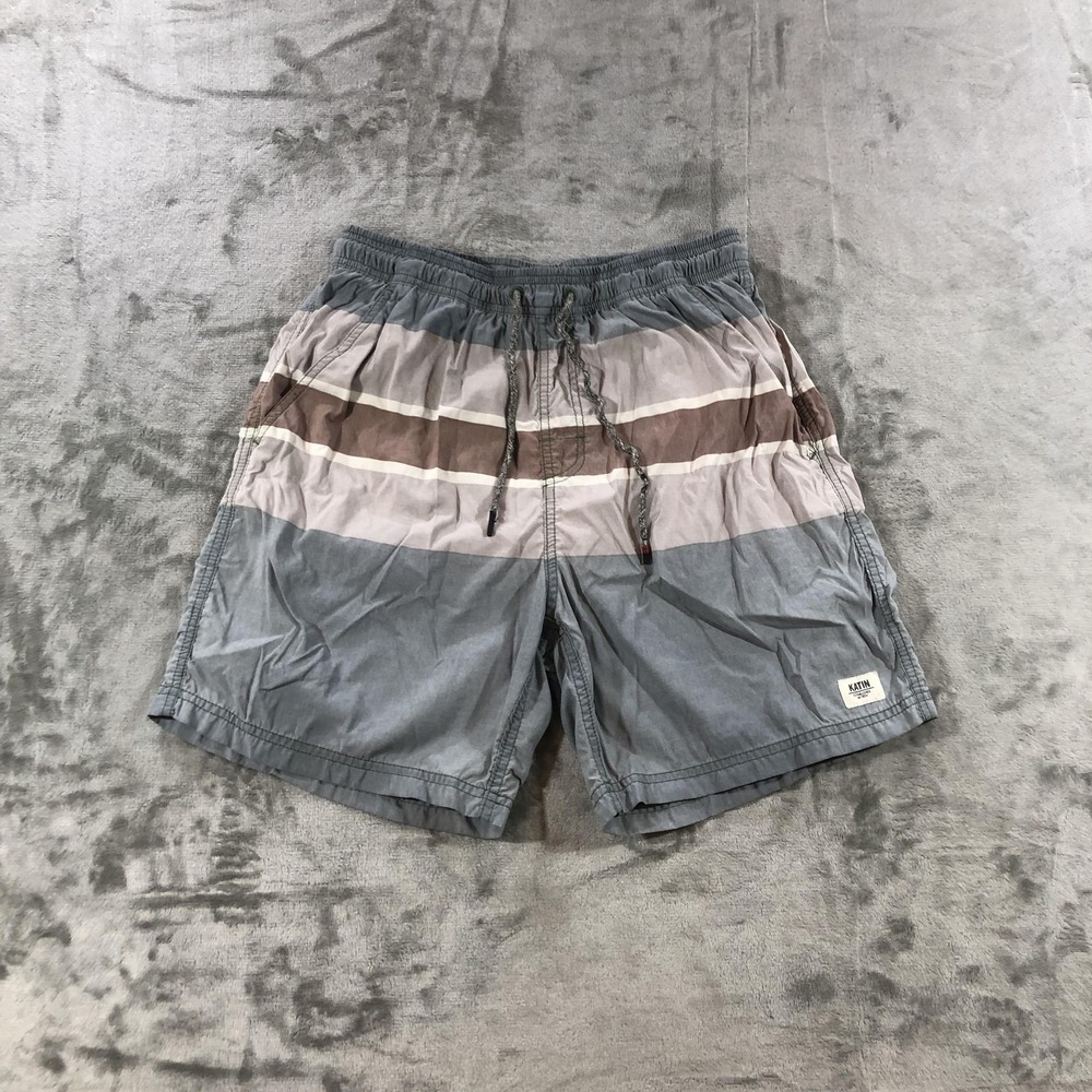 Katin Swim Trunks Shorts Mens Small Gray Brown Striped Elastic Waist Mesh Surf